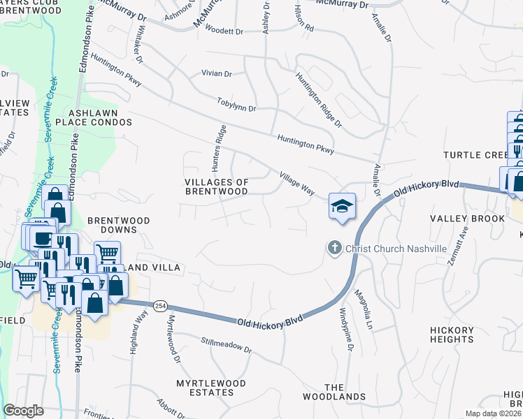 map of restaurants, bars, coffee shops, grocery stores, and more near 5044 English Village Drive in Nashville