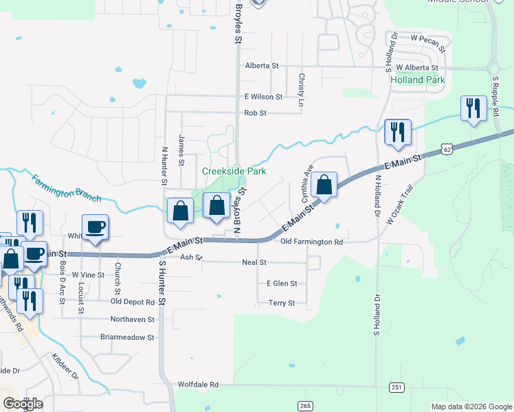 map of restaurants, bars, coffee shops, grocery stores, and more near 166 Ruth Street in Farmington