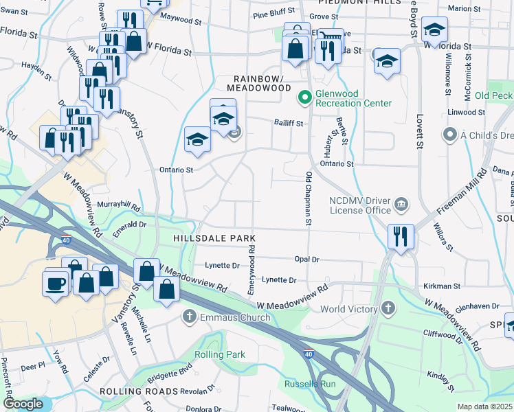 map of restaurants, bars, coffee shops, grocery stores, and more near 2201 Emerywood Road in Greensboro