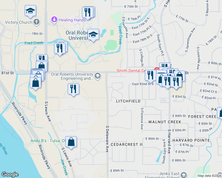 map of restaurants, bars, coffee shops, grocery stores, and more near 8208 South Delaware Place in Tulsa