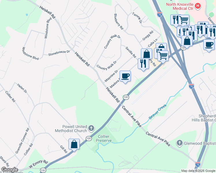 map of restaurants, bars, coffee shops, grocery stores, and more near 109 Madora Drive in Powell