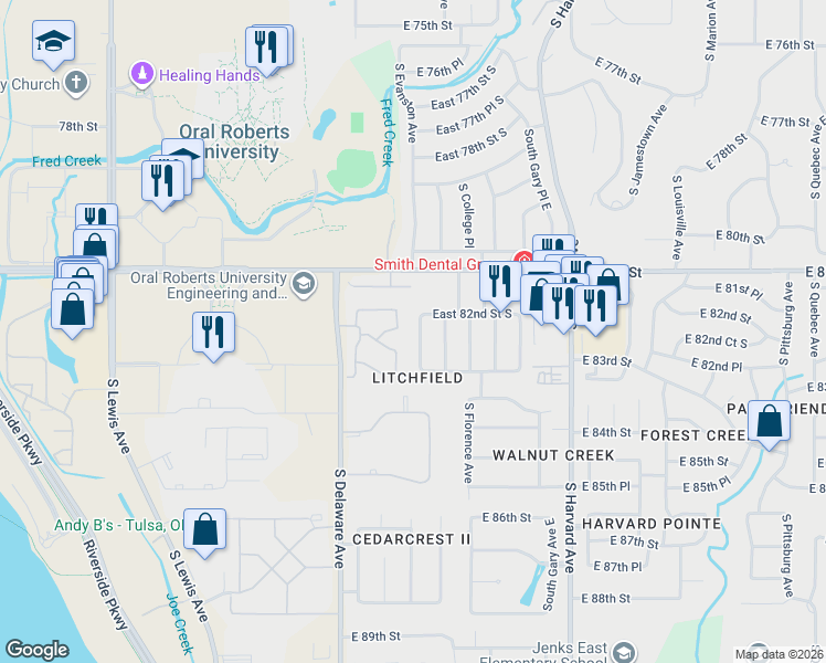 map of restaurants, bars, coffee shops, grocery stores, and more near 8202 South College Avenue East in Tulsa