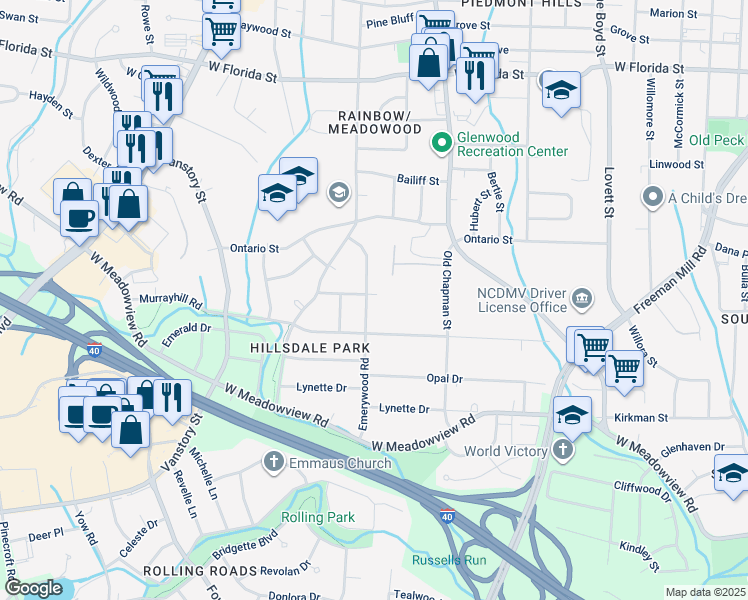 map of restaurants, bars, coffee shops, grocery stores, and more near 2201 Emerywood Road in Greensboro