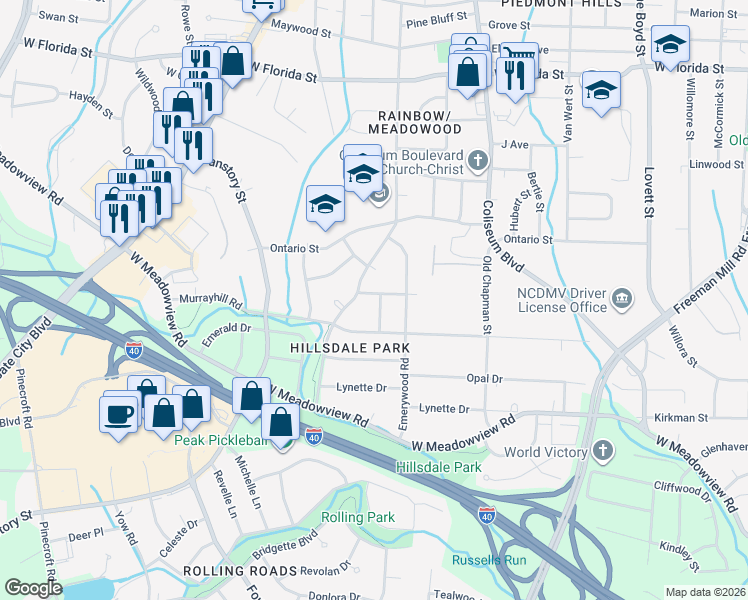 map of restaurants, bars, coffee shops, grocery stores, and more near in Greensboro