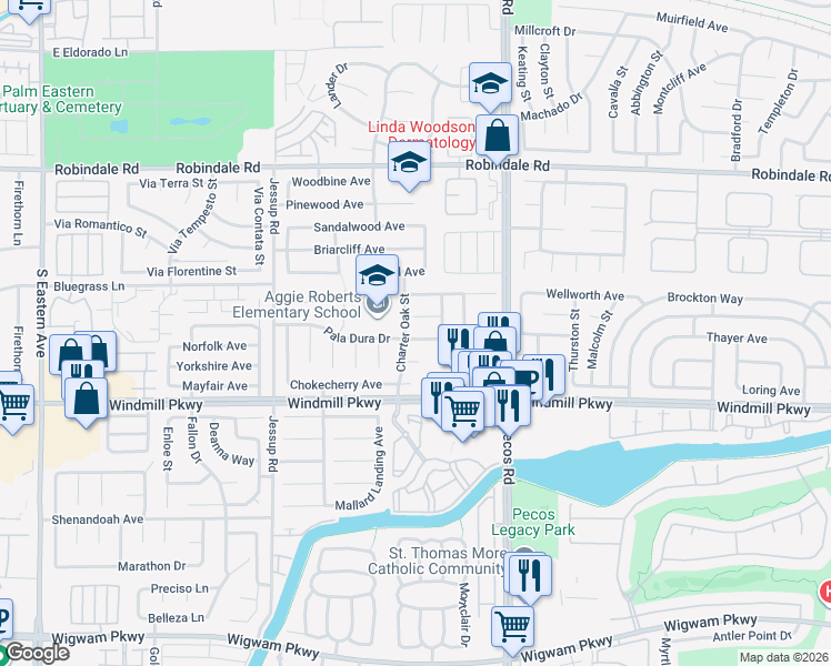 map of restaurants, bars, coffee shops, grocery stores, and more near 2704 Pala Dura Drive in Henderson