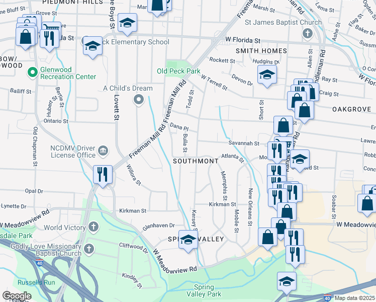 map of restaurants, bars, coffee shops, grocery stores, and more near 2121 Bulla Street in Greensboro