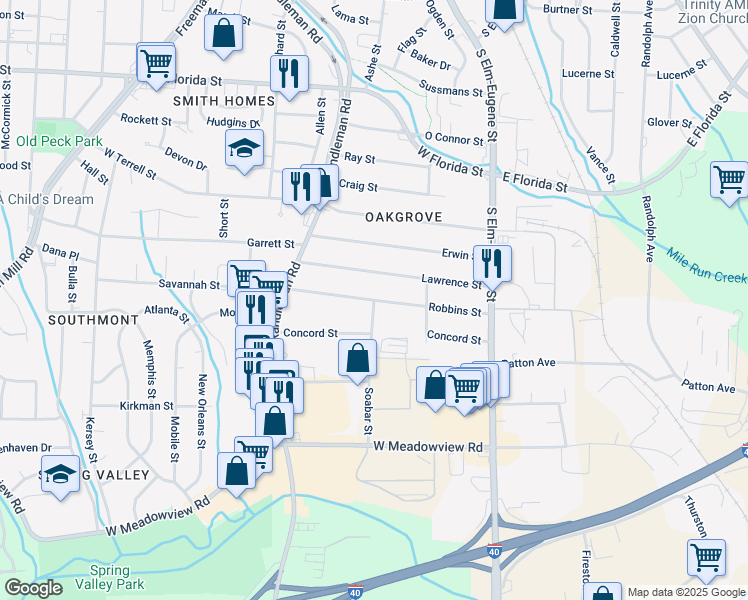 map of restaurants, bars, coffee shops, grocery stores, and more near 299 Robbins Street in Greensboro