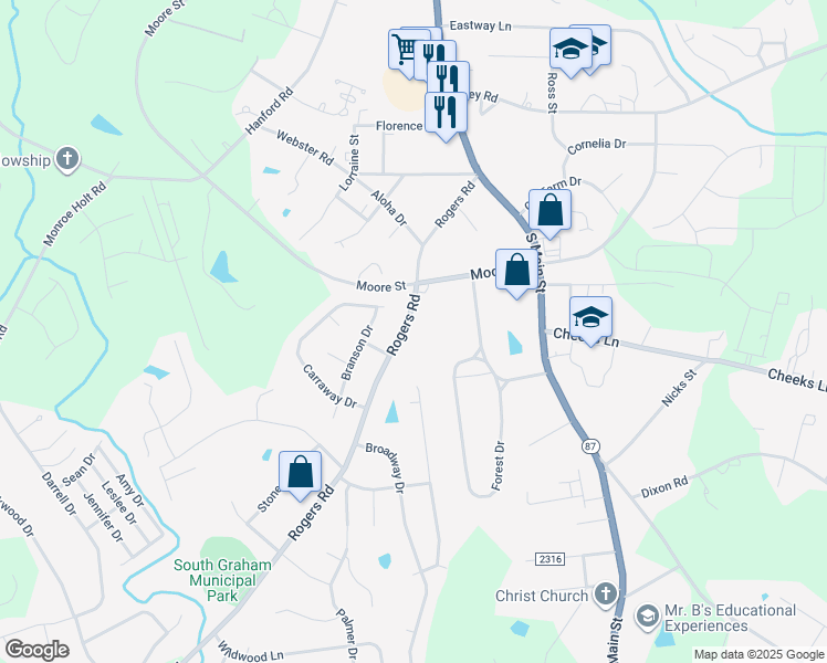 map of restaurants, bars, coffee shops, grocery stores, and more near 1228 Rogers Road in Graham