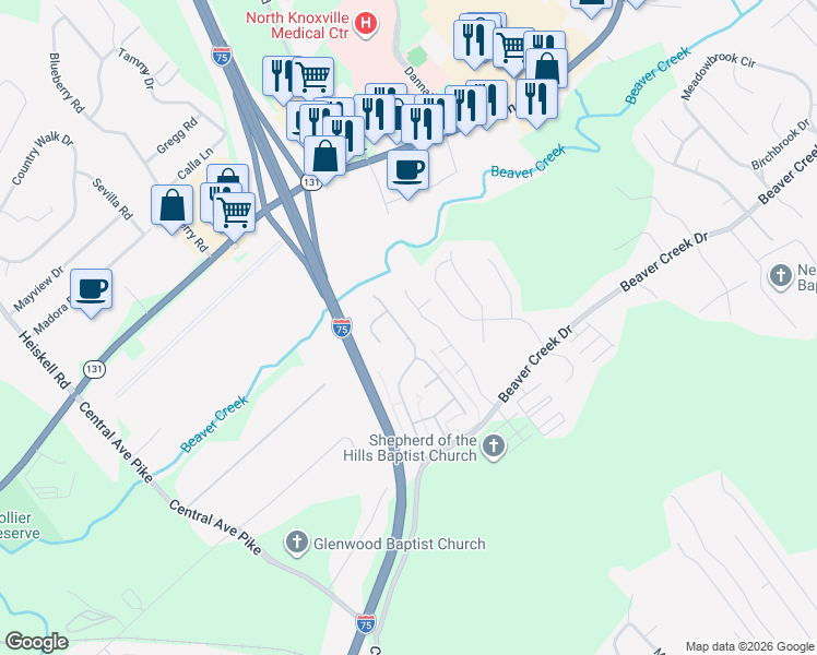 map of restaurants, bars, coffee shops, grocery stores, and more near 500 Bethany Way in Knoxville