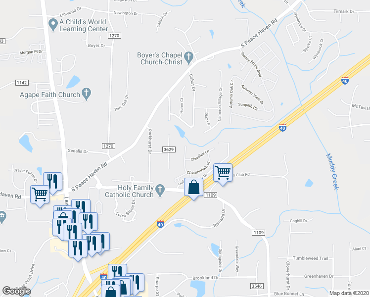 map of restaurants, bars, coffee shops, grocery stores, and more near 2224 Catherines Way in Winston-Salem
