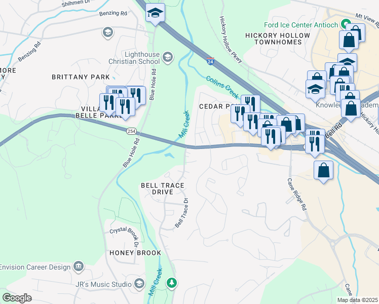 map of restaurants, bars, coffee shops, grocery stores, and more near 1211 Bell Road in Nashville