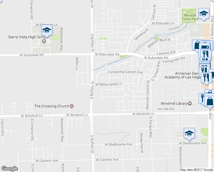 map of restaurants, bars, coffee shops, grocery stores, and more near 7681 West Mesa Verde Lane in Las Vegas