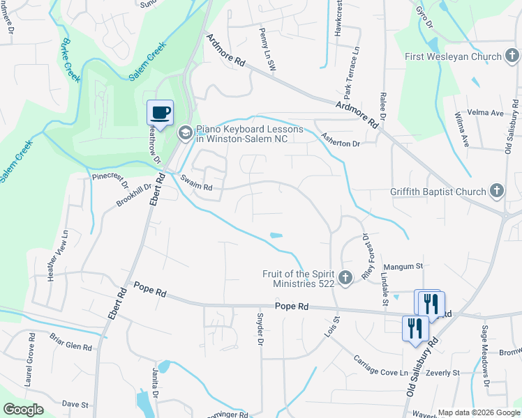 map of restaurants, bars, coffee shops, grocery stores, and more near 2006 Tea Berry Court in Winston-Salem