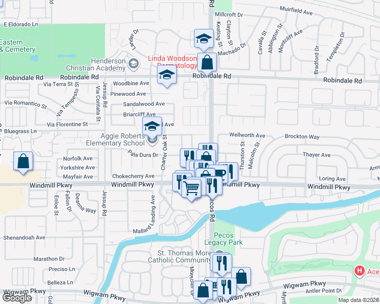 map of restaurants, bars, coffee shops, grocery stores, and more near 228 Carolina Laurel Street in Henderson
