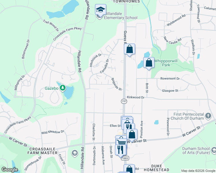 map of restaurants, bars, coffee shops, grocery stores, and more near 2105 Bogarde Street in Durham