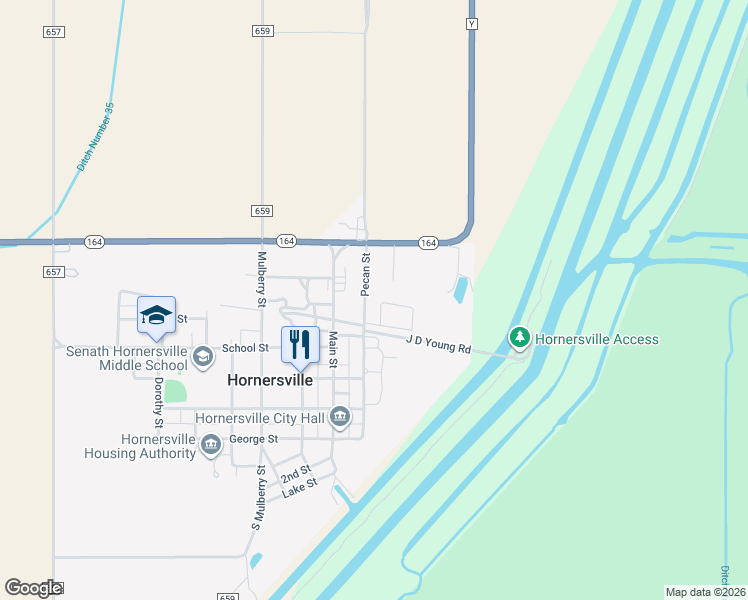 map of restaurants, bars, coffee shops, grocery stores, and more near 314-798 Pecan Street in Hornersville