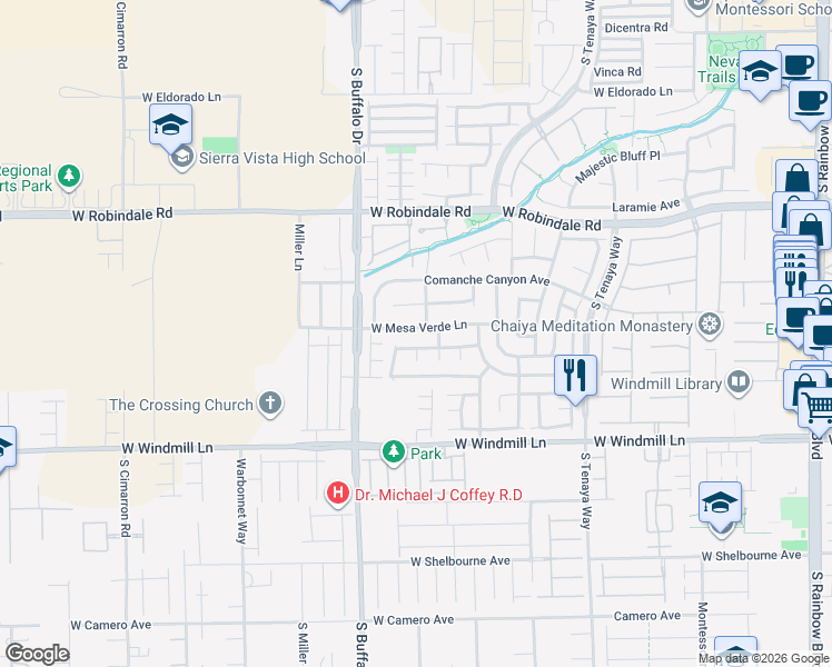 map of restaurants, bars, coffee shops, grocery stores, and more near 7681 West Mesa Verde Lane in Las Vegas