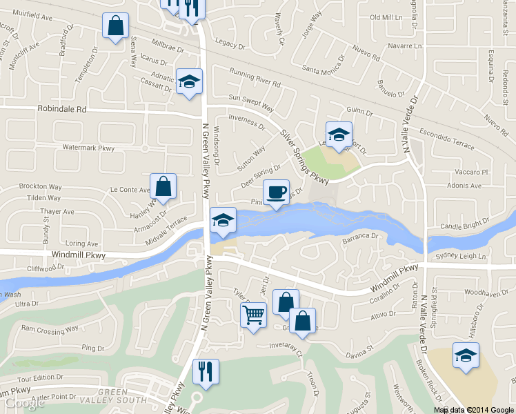 map of restaurants, bars, coffee shops, grocery stores, and more near 2037 Pinion Springs Drive in Henderson