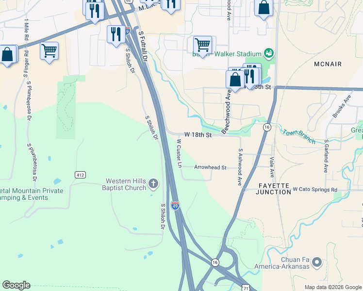 map of restaurants, bars, coffee shops, grocery stores, and more near 1842 West Custer Lane in Fayetteville