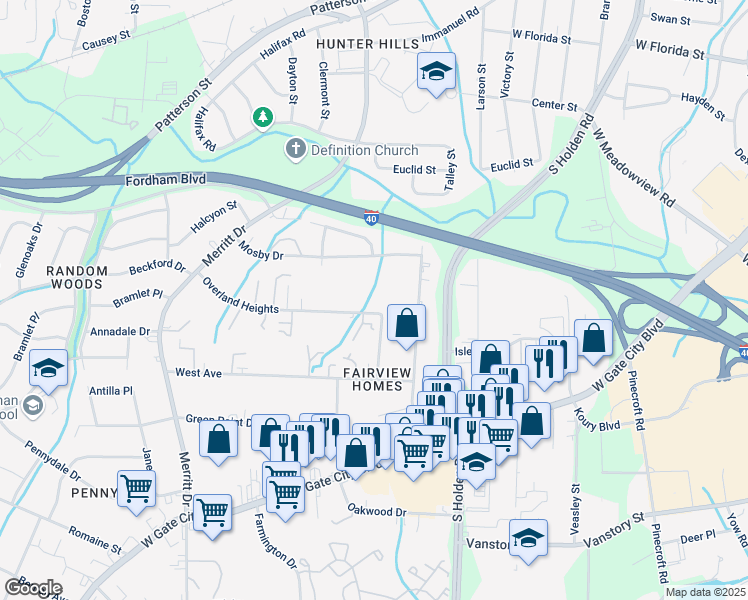 map of restaurants, bars, coffee shops, grocery stores, and more near 3802 Overland Heights in Greensboro