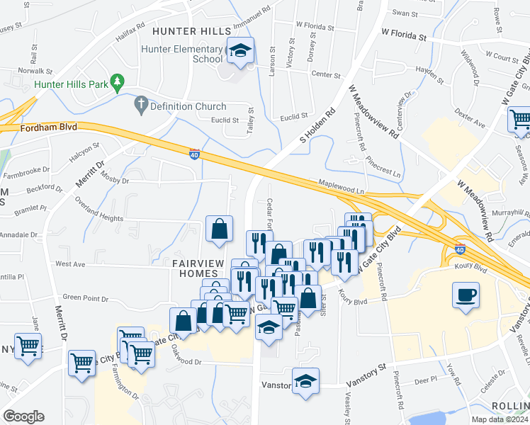map of restaurants, bars, coffee shops, grocery stores, and more near 1912 Cedar Fork Road in Greensboro