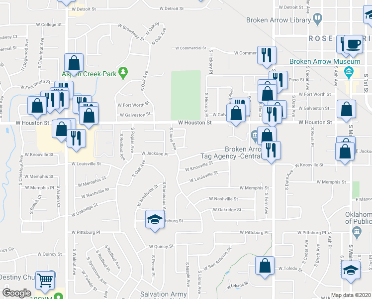 map of restaurants, bars, coffee shops, grocery stores, and more near 1201 West Jackson Court in Broken Arrow