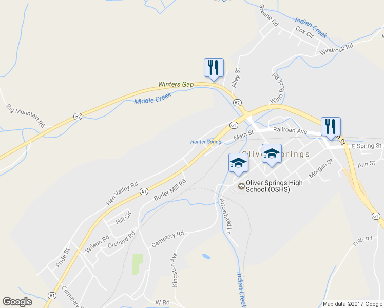 map of restaurants, bars, coffee shops, grocery stores, and more near 517 Hen Valley Road in Oliver Springs