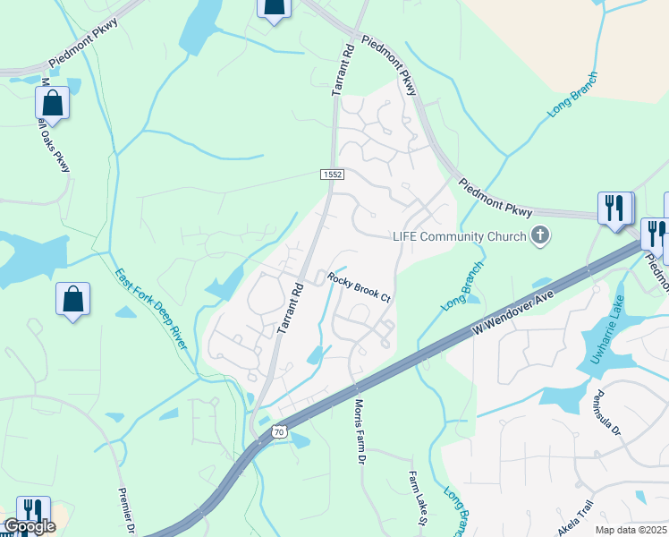 map of restaurants, bars, coffee shops, grocery stores, and more near 3682 Waterwheel Court in Greensboro