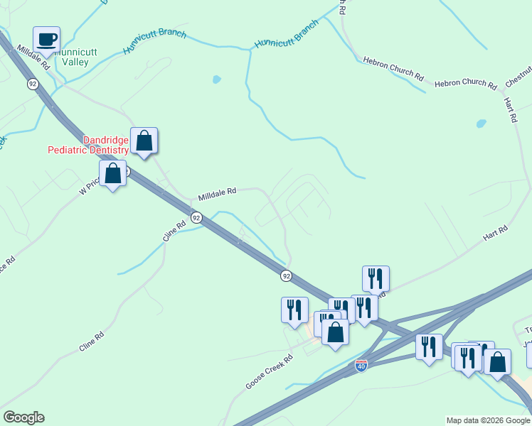 map of restaurants, bars, coffee shops, grocery stores, and more near 331 Milldale Road in Dandridge