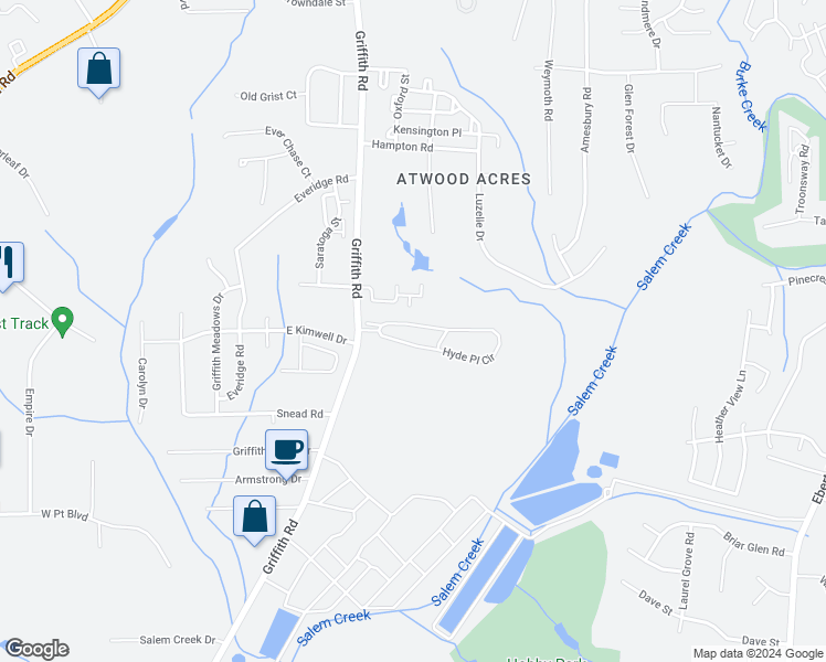 map of restaurants, bars, coffee shops, grocery stores, and more near 3310 Hyde Place Circle in Winston-Salem