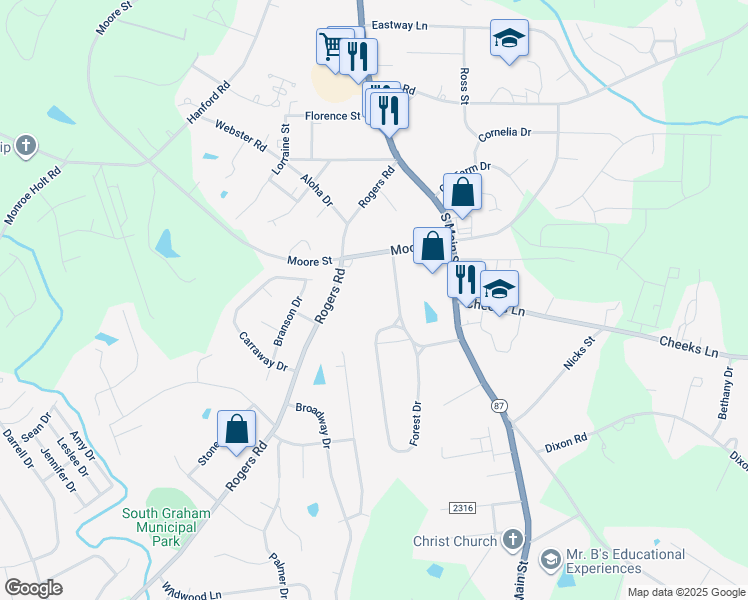 map of restaurants, bars, coffee shops, grocery stores, and more near 214 Moore Street in Graham