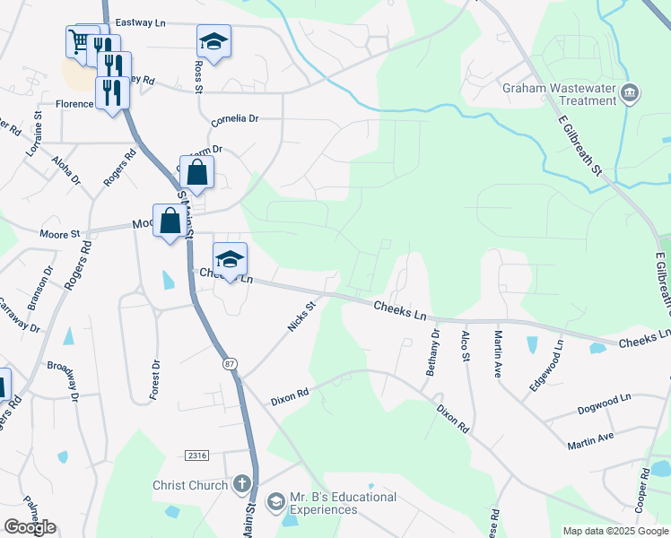 map of restaurants, bars, coffee shops, grocery stores, and more near 404 Cheeks Lane in Graham
