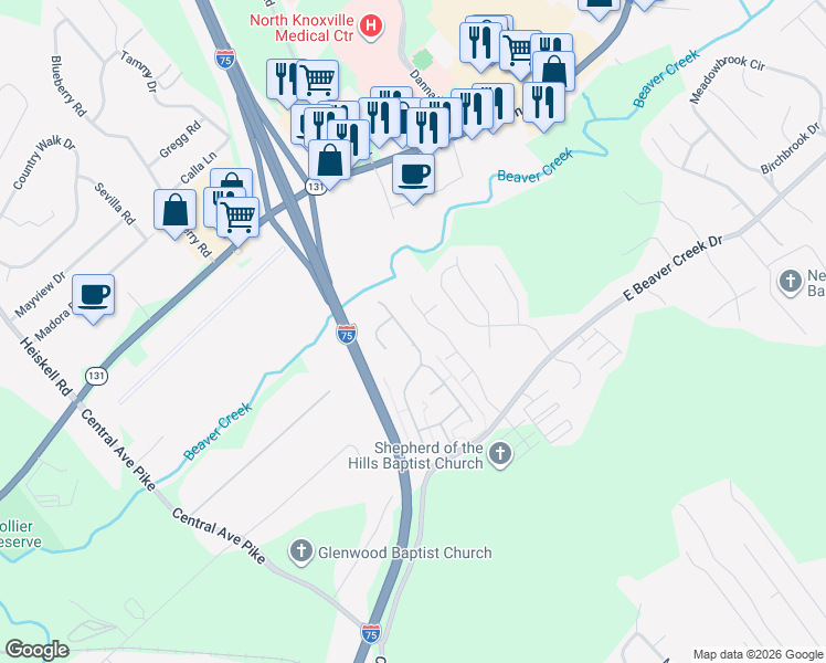 map of restaurants, bars, coffee shops, grocery stores, and more near 500 Bethany Way in Knoxville