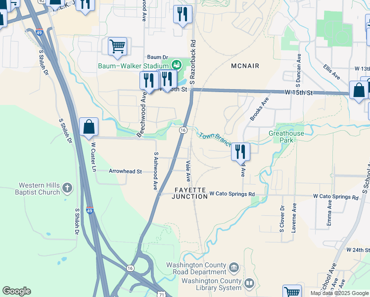 map of restaurants, bars, coffee shops, grocery stores, and more near 1429 West Netherland Way in Fayetteville