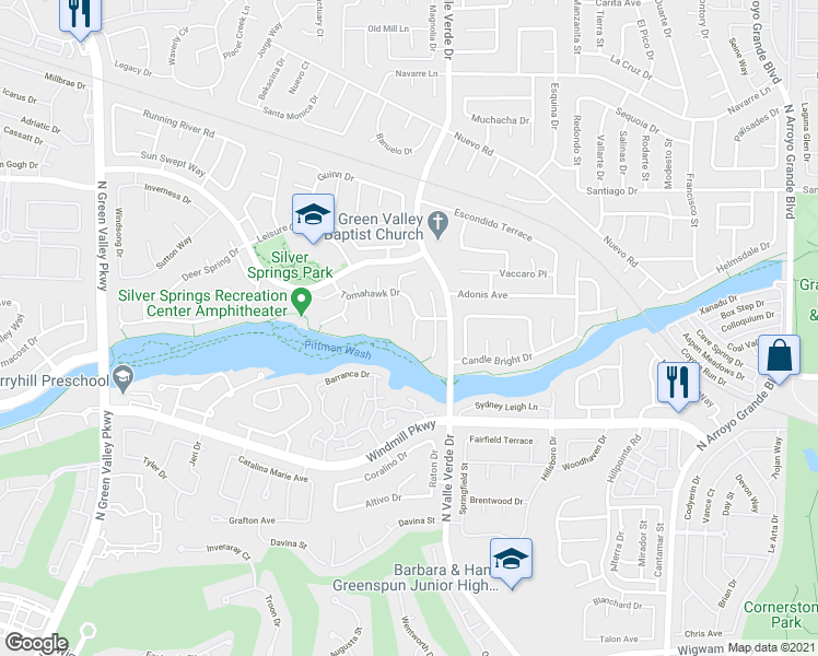 map of restaurants, bars, coffee shops, grocery stores, and more near 215 Pocahontas Court in Henderson