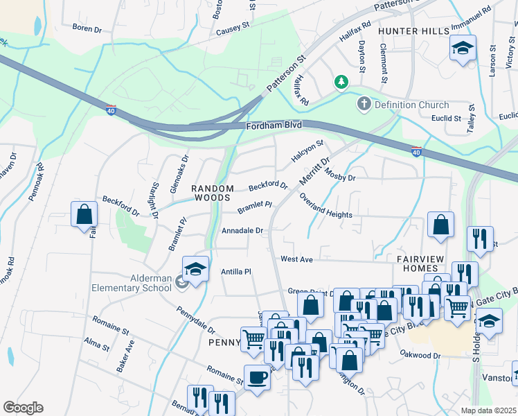 map of restaurants, bars, coffee shops, grocery stores, and more near 4104 Bramlet Place in Greensboro
