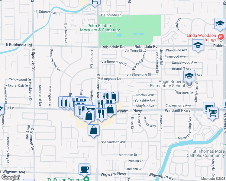 map of restaurants, bars, coffee shops, grocery stores, and more near 2895 Petunia Court in Henderson