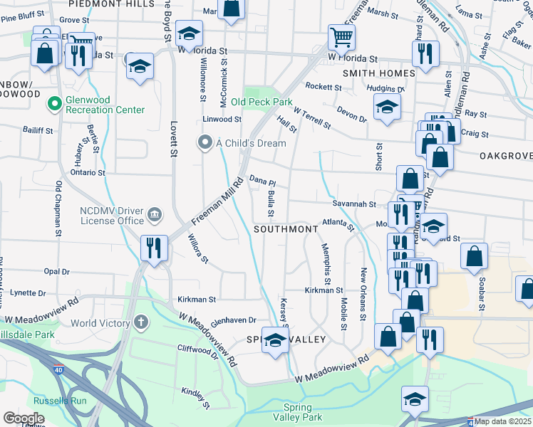 map of restaurants, bars, coffee shops, grocery stores, and more near 2124 Bulla Street in Greensboro