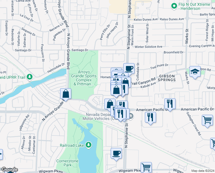 map of restaurants, bars, coffee shops, grocery stores, and more near 240 Shortstop Street in Henderson