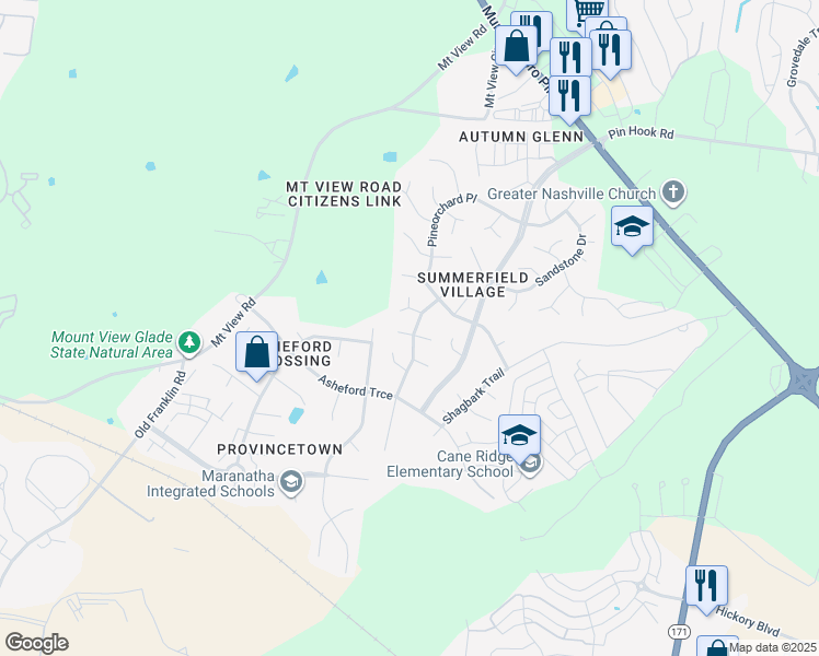 map of restaurants, bars, coffee shops, grocery stores, and more near 2805 Pinebrook Trail in Nashville