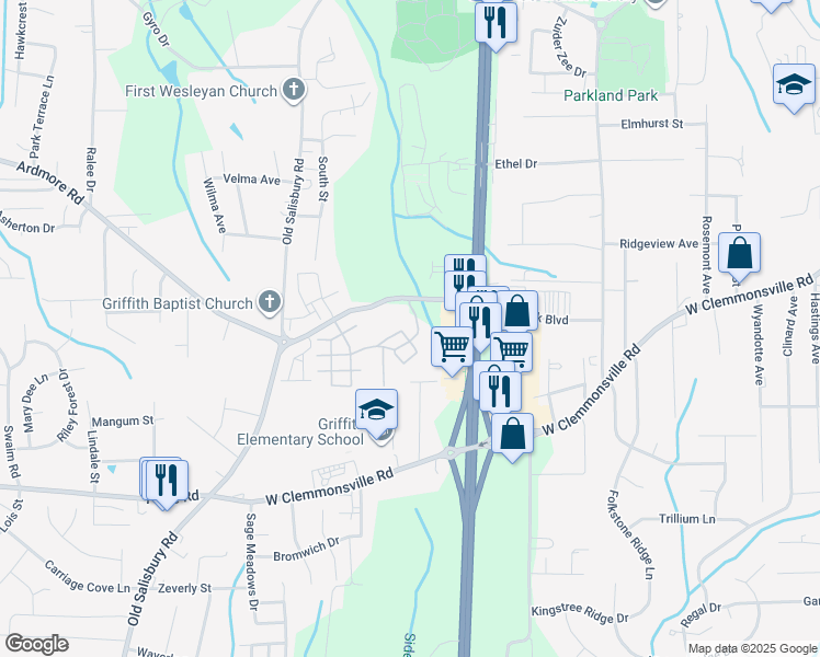 map of restaurants, bars, coffee shops, grocery stores, and more near 100 Dunwoody Road in Winston-Salem