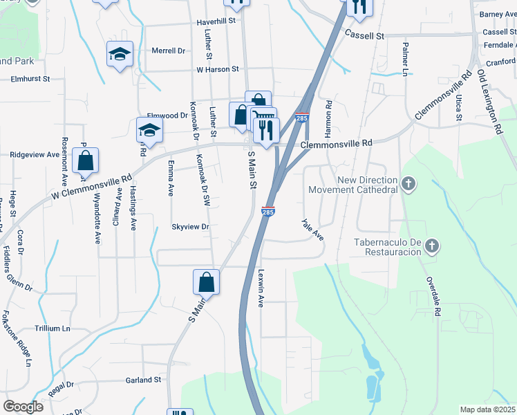 map of restaurants, bars, coffee shops, grocery stores, and more near 3721 South Main Street in Winston-Salem