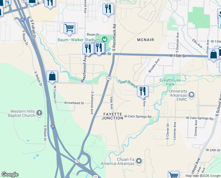 map of restaurants, bars, coffee shops, grocery stores, and more near 1429 West Netherland Way in Fayetteville