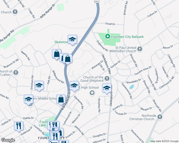 map of restaurants, bars, coffee shops, grocery stores, and more near 400 Watauga Drive in Knoxville