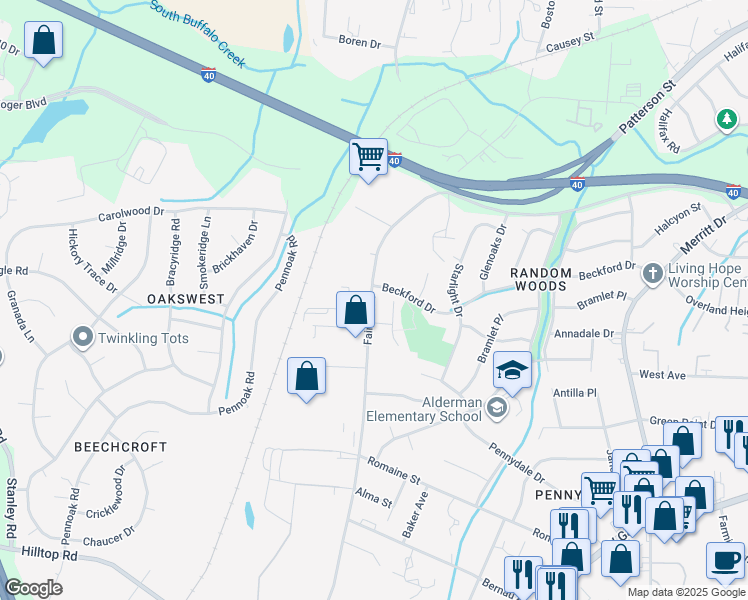 map of restaurants, bars, coffee shops, grocery stores, and more near 1800 Fairfax Road in Greensboro
