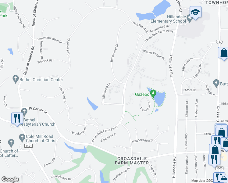 map of restaurants, bars, coffee shops, grocery stores, and more near 1000 Millspring Drive in Durham