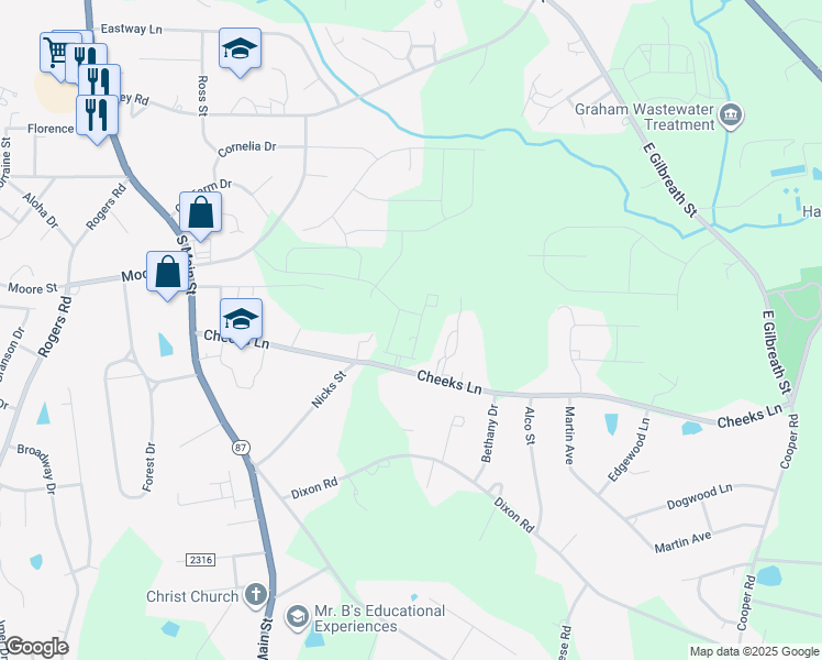 map of restaurants, bars, coffee shops, grocery stores, and more near 404 Cheeks Lane in Graham