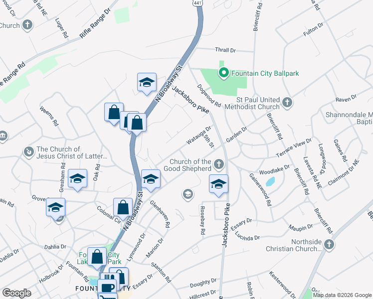 map of restaurants, bars, coffee shops, grocery stores, and more near 409 Watauga Drive in Knoxville