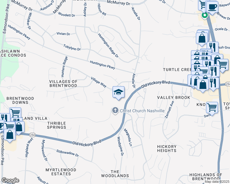 map of restaurants, bars, coffee shops, grocery stores, and more near 5216 Village Way in Nashville