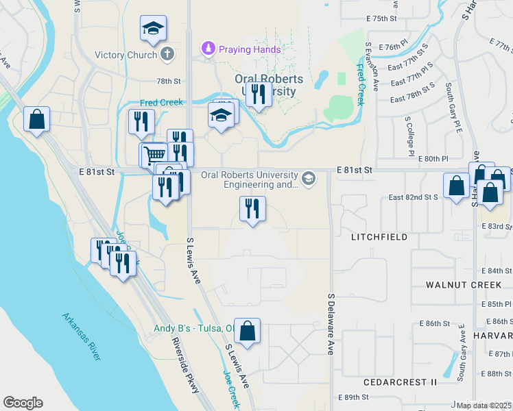 map of restaurants, bars, coffee shops, grocery stores, and more near Cityplex Towers in Tulsa